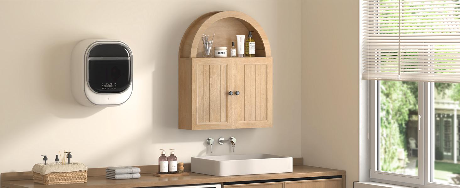 Arched Bathroom Wall Cabinet, 23.6 x 30.3'' Over The Toilet Cabinet with Grille Door, Adjustable Shelf, Wall Mounted Cabinets for Bathroom Laundry Room Kitchen (Oak, 30IN)