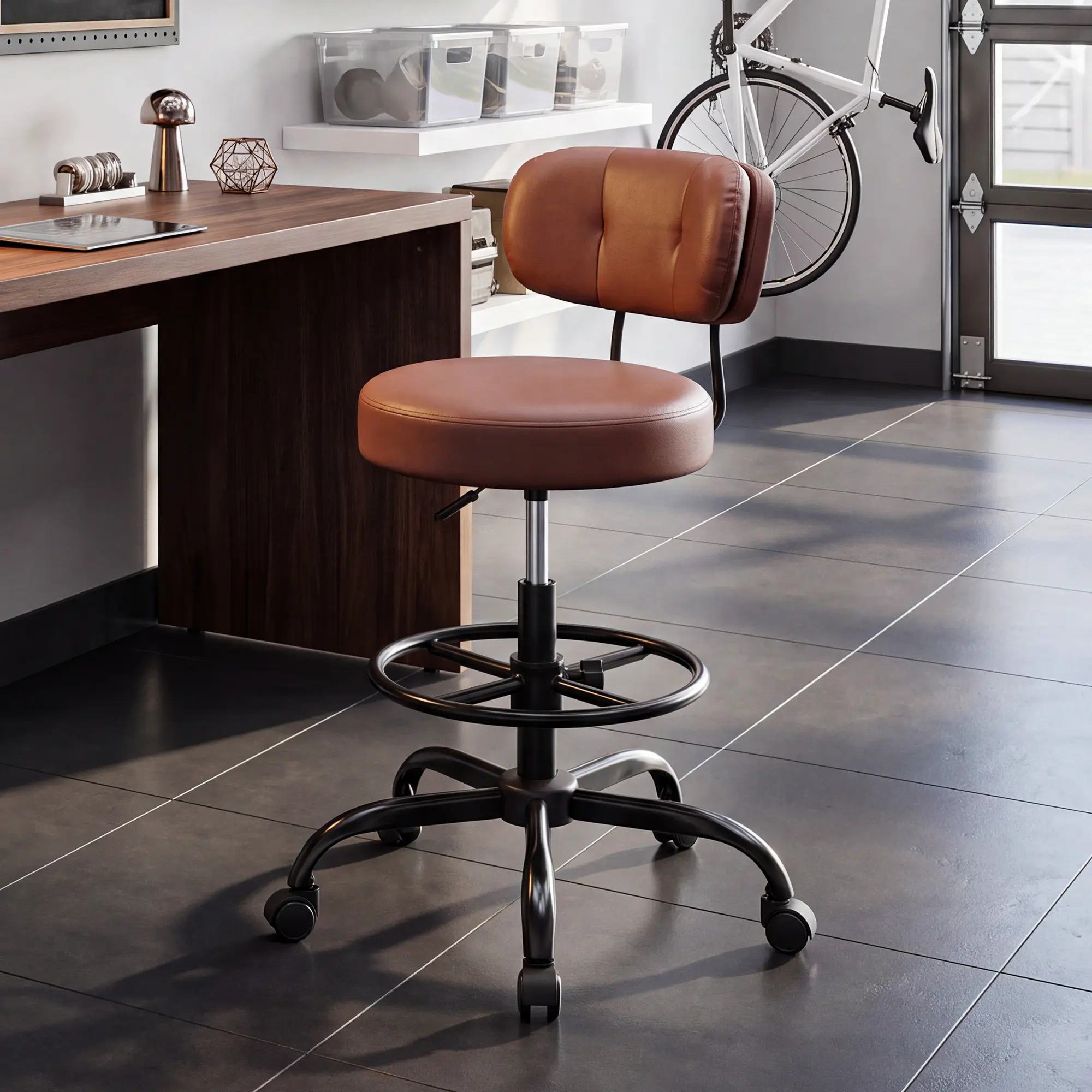 Raybee PU Leather/Velvet Drafting Chair with Dual-Layer Backrest, Thick Cushioned Seat, Adjustable Foot Rest Rolling Stool for Standing Desks, 300-Lb Multi-Purpose Shop Stool, Office Desk Chair, Bar Stools for Workspace Home Bar Kitchen