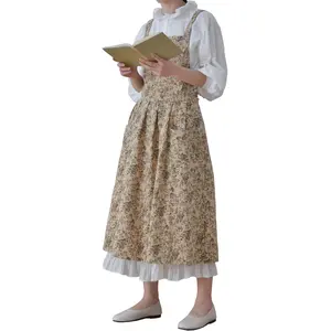 Japanese Pastoral Style Cotton-Linen Floral Print Apron with Side Pockets & Ties for Kitchen Gardening Retro H-Shaped Cross-Back Design