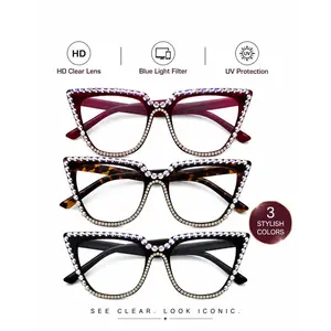 Blue Light Blocking Reading Glasses for Women & Men, HD Clear Lens Readers with UV Protection, Rhinestone Cat Eye Square Frames, 3 Stylish Colors, Free Anti-Lost Lanyard