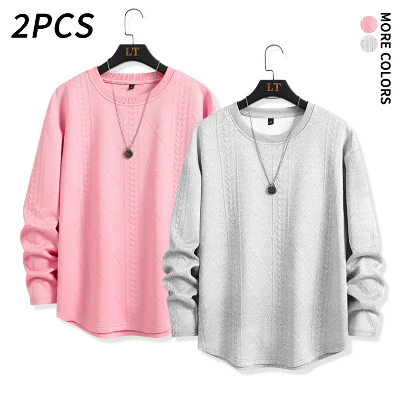 2 Pack Men’s Cable Knit Long Sleeve Crew Neck Top, Lightweight Shirt, Two Tone Pink/Gray, Layerable for Autumn Daily Wear, Fashionable Style for Fall/Winter