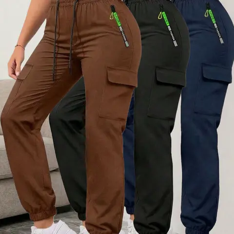 Women’s Cargo Pants - Slim-Fit Long Polyester Casual Sports Trousers, Stylish Women's Wear, Female Stylish Clothes, Elastic Drawstring Waist, Zipper Pocket Joggers, Elastic Waist Moves Easy, 1-Pack/3-Pack Value Set for Spring/Summer