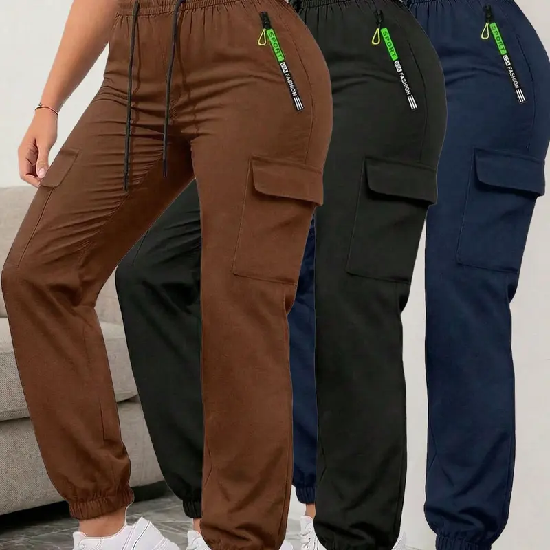 Women’s Cargo Pants - Slim-Fit Long Polyester Casual Sports Trousers, Stylish Women's Wear, Female Stylish Clothes, Elastic Drawstring Waist, Zipper Pocket Joggers, Elastic Waist Moves Easy, 1-Pack/3-Pack Value Set for Spring/Summer
