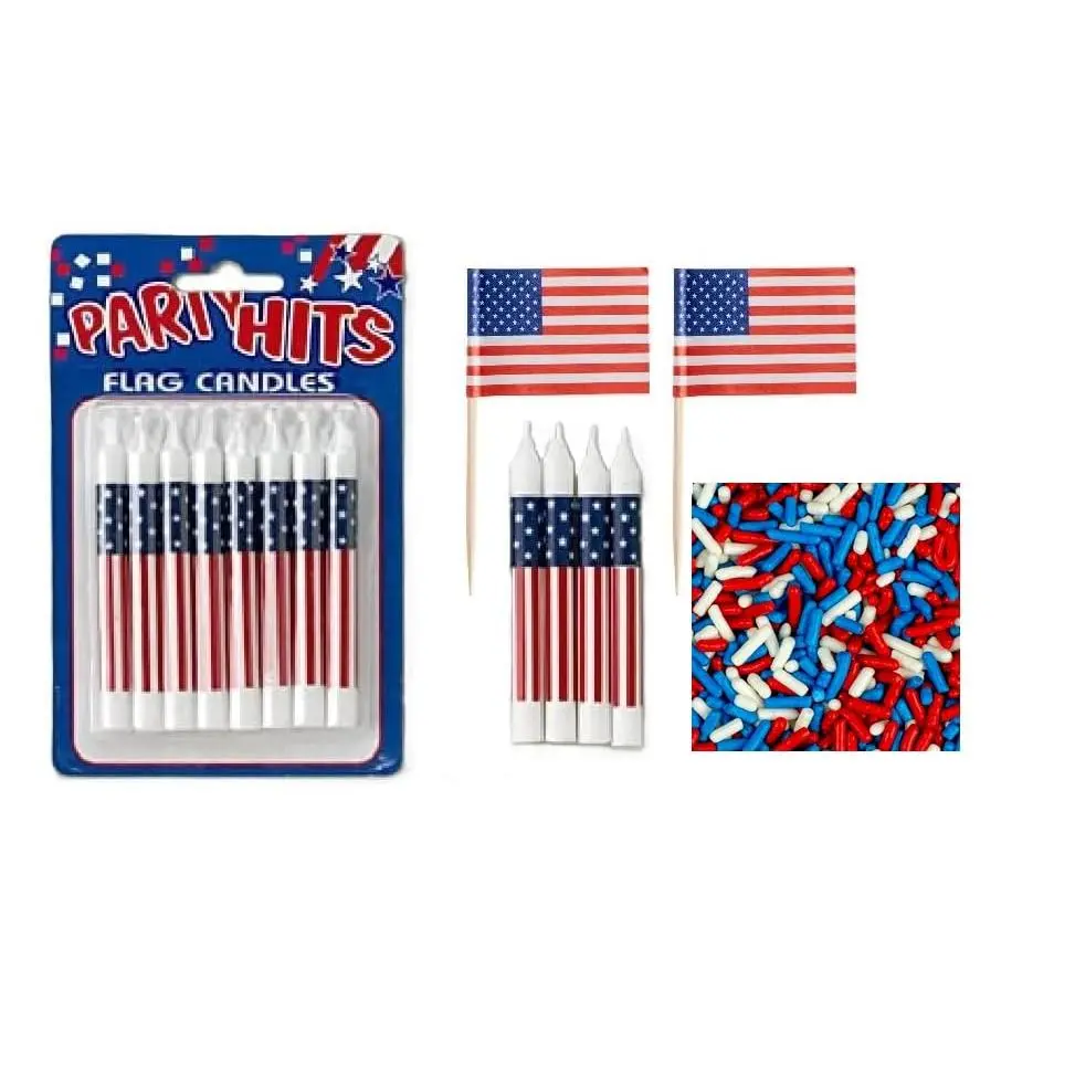 Oasis Supply, All American Bundle - 8-Pack Patriotic Birthday Candles, 6 USA! Food Flag Picks, & 4oz Red, White, & Blue Sprinkles
