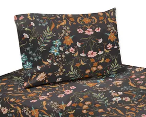 Sweet Jojo Designs Boho Wildflower Vintage Floral Girl Twin Sheets Set Single Size Bed Flat Fitted Sheet Pillow Case Kids Childrens Teenager Bedding 3p Black Orange Teal Bohemian Farmhouse Cottagecore