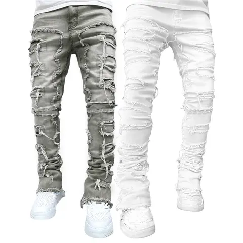 Skinny Pants Vintage Patch Frayed Denim Pants Casual Leggings Trousers with Pockets casual unisex style pants