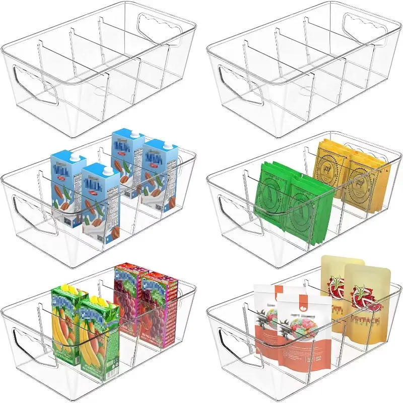Clear Storage Organizer Bins 6 Pack Plastic Pantry Organization and Storage Baskets with Removable Dividers, Stackable Cabinet Containers for Kitchen, Fridge, Countertops