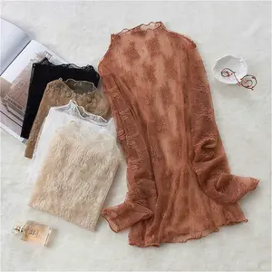 Comfortable Semi High Neck Lace Base Shirt for Women, New Style with Sexy Mesh Long Sleeved For Women