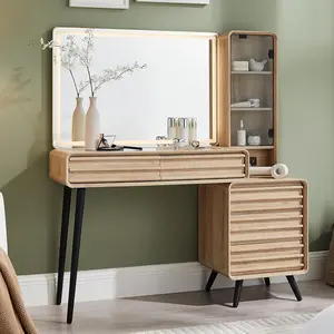 Fluted Makeup Vanity Desk with Large 35 HD Lighted Mirror 48 Mid Century Modern Glass Top 5 Drawers Adjustable Shelf Natural Oak Finish Charging Station for Bedroom