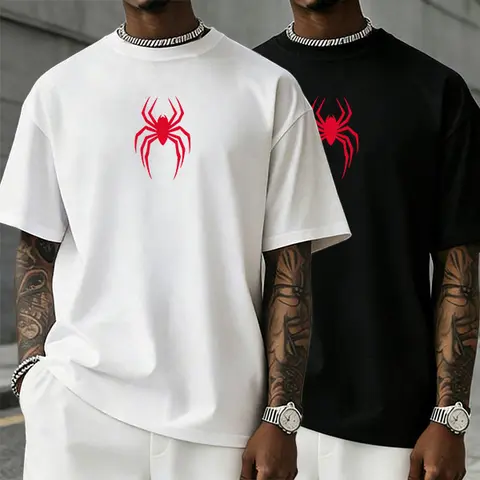 Men's Oversized Loose-Fit Short-Sleeve Round Neck Basics Casual Graphic Tee - Bold Red Spider Graphic, High Street Style, Ideal for Teen Boys' Everyday Outings