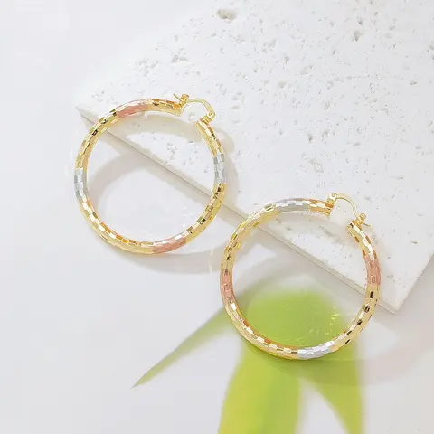 Women's 18K Gold-Plated Tri-Color Chunky Gold Circular Hoop Earrings - Textured Square Tile Huggie, Geometric Female Chunky Jewelry, Metallic Tone Fashion Costume Jewelry for Daily Use & Gifting