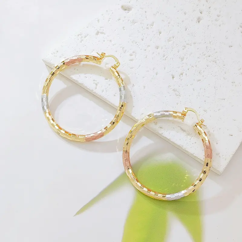 Women's 18K Gold-Plated Tri-Color Chunky Gold Circular Hoop Earrings - Textured Square Tile Huggie, Geometric Female Chunky Jewelry, Metallic Tone Fashion Costume Jewelry for Daily Use & Gifting