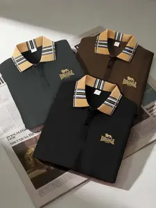 Men's Casual Short Sleeve Shirt, Lion London Print, British Style Golf Clothing, Outdoor Sports Polo, Fitted Plain Design