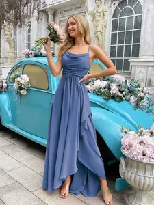 Elegant Dusty Blue Spaghetti Strap Bridesmaid Dress Ruched High Slit Formal Evening Gown for Wedding Party A-line Maxi Skirt Chiffon Fabric - Womenswear