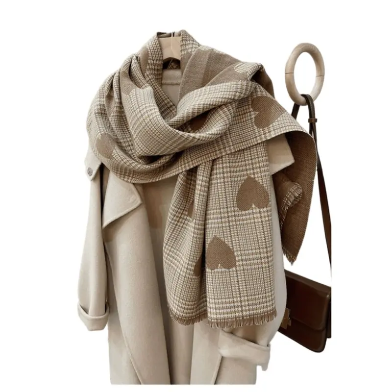 Fashionable Plaid & Heart Pattern Tassel Decor Scarf Thick Woven Fabric Double-Sided Colors Unisex Fit Casual Soft Warm Shawl for All Seasons 180cm x 65cm