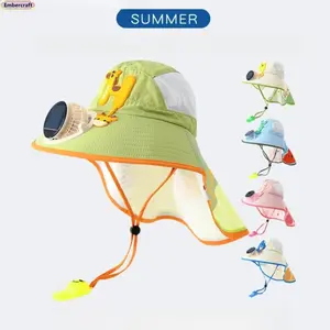 Kids Sun Hat with Cooling Fan, Wide Brim UV Protection Bucket Hat, Breathable Mesh Neck Flap Hat for Boys & Girls, Lightweight Summer Hat for Outdoor, Beach & Travel