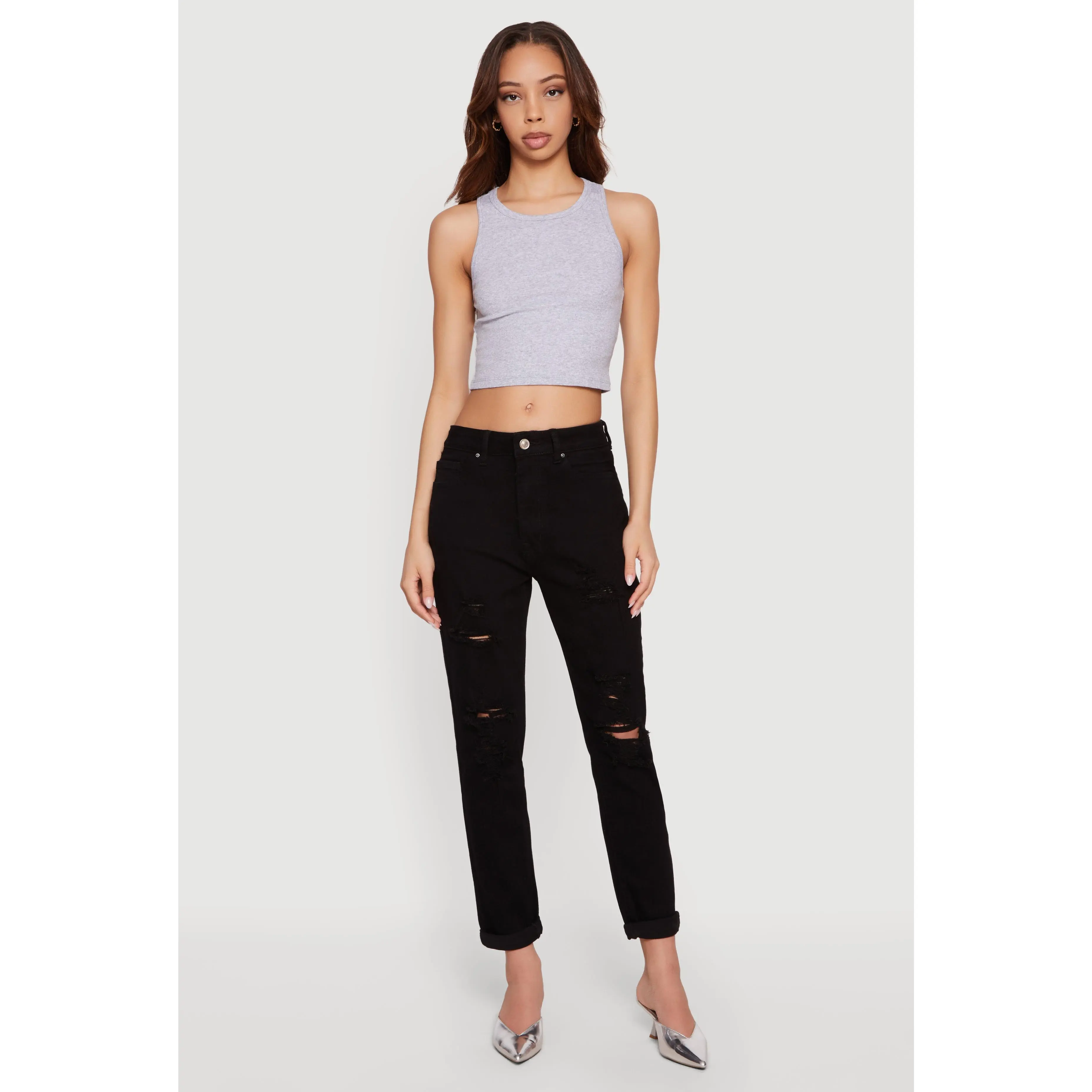 Distressed Straight Leg Roll Cuff Jeans