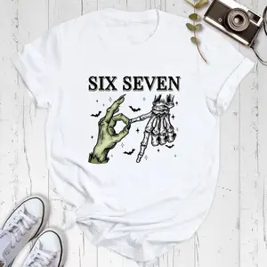 Six Seven 6 7 Meme Funny Humor Witch Skeleton Hands Tshirt Funny Halloween Bones Graphic Print Short Sleeve Tees, Spooky Season Sublimation Design, Retro Halloween Gift Her Him