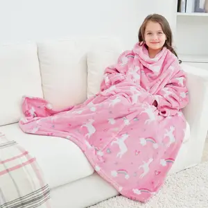 Wearable Fleece Blanket with Sleeves & Foot Pocket for  Boys Girls ,Lightweight Soft Blanket with Sleeves and Hook & Loop 48" x 48" Pink Unicorn