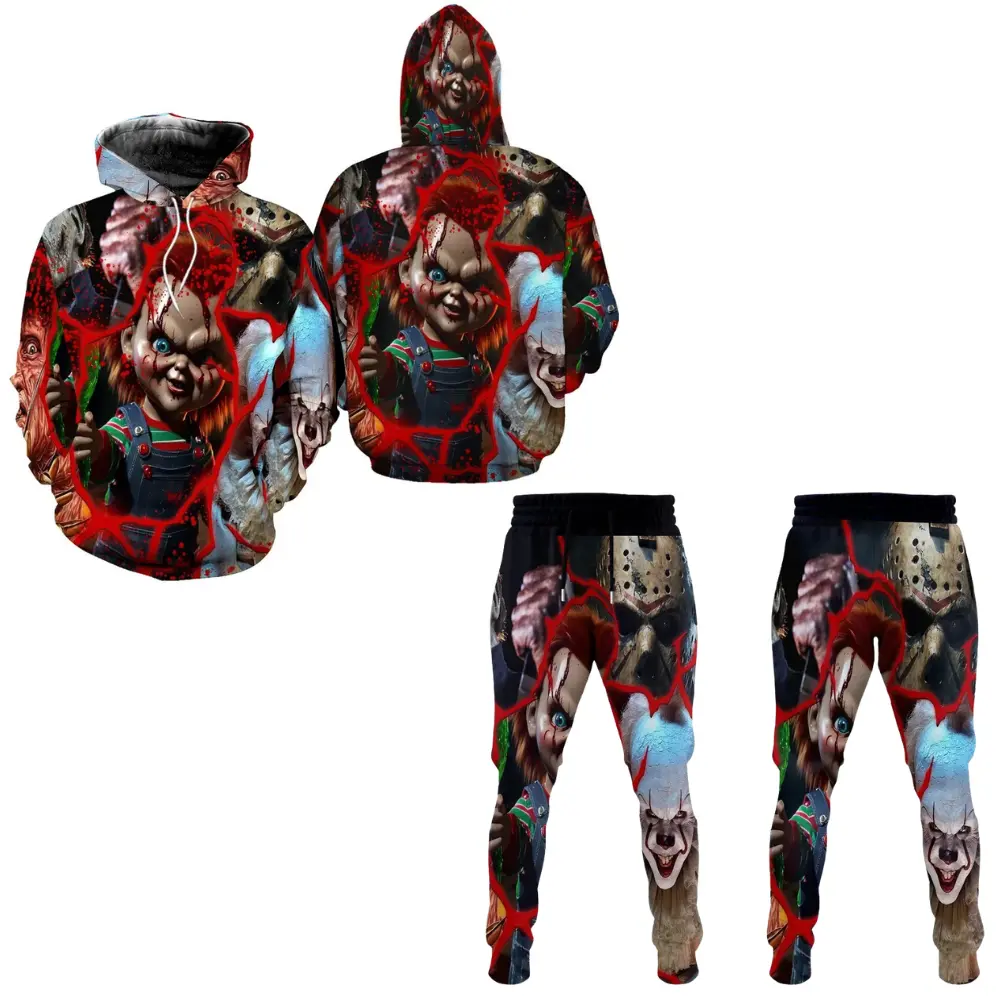 Horror Movie 3D Hoodie and Sweatpants Set, Chucky Jason Freddy Pennywise Halloween Graphic Outfit, Gift for Horror Fans