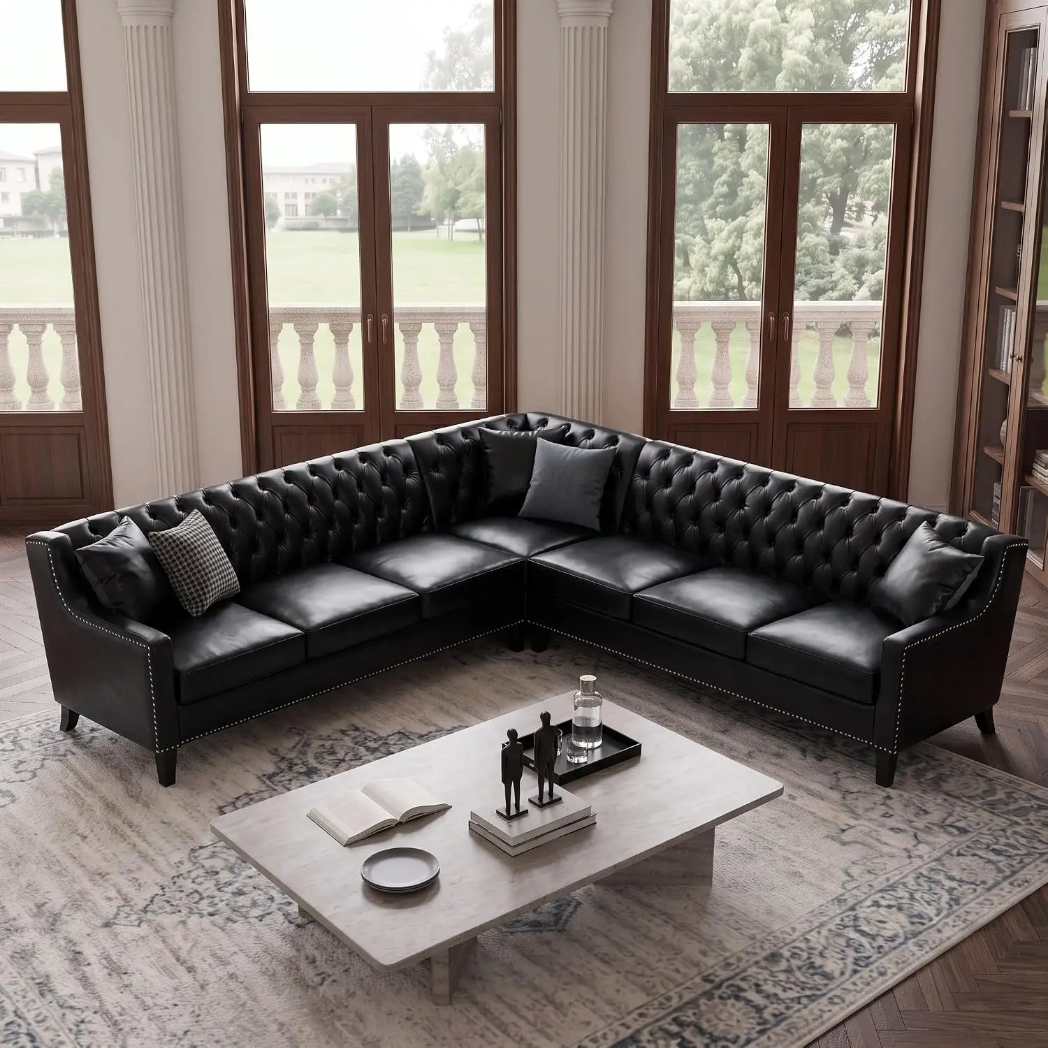 103" X 103" 7 Seat Corner Sofa L Shaped Couch Faux Leather Sectional Couch with Three Pillows Tufted Backrest Chesterfield L Shaped Sofa Sectional Couches for Living Room Office, Restaurant, Bar Black