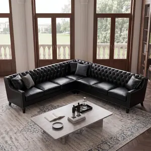 103" X 103" 7 Seat Corner Sofa L Shaped Couch Faux Leather Sectional Couch with Three Pillows Tufted Backrest Chesterfield L Shaped Sofa Sectional Couches for Living Room Office, Restaurant, Bar Black