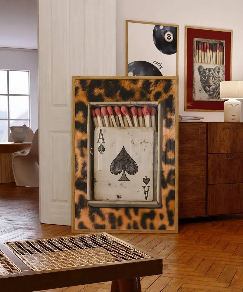 Retro Leopard Matchbox Printable Wall Art, Playing Card Poster, Kitchen Print, Trendy Dorm Room And Bar Cart Decor, Leopard Wall Art Gift