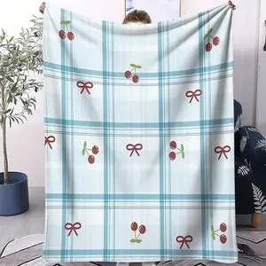 1 light blue checkered cherry bow throw blanket; cute and minimalist Korean-style bedding; comfortable throw blanket for the sofa; warm blanket for camping and travel