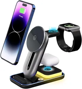 4 in 1 Magnetic Wireless Charging Stand, 15W Foldable Fast Wireless Charging with Adjustable Night Light, Adjustable Phone Height, Mag-Safe Charging Station, for Office, Home, Travelling (Grey)