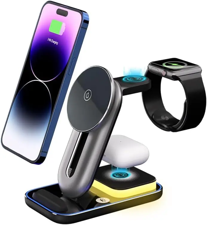 15W Foldable Magnetic Wireless Charger 4-in-1 Mag-Safe Multi-Device Charging Station with Adjustable Nightlight, ABS+PC Build, Adjustable Phone Height for Home, Office (Grey), 4-In-1 Unit