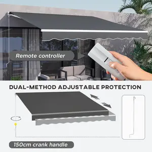 12x10 ft gray electric retractable awning dual remote and manual crank control uv protective weather resistant polyester fabric adjustable arm shade for home balcony daily outdoor rest space