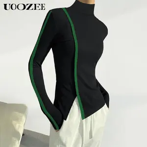 UOOZEE Women's Minimalist Long Sleeve Knitwear - High Neck, Medium-Length, Slim-Fitting Polyester Top with Asymmetric Split, Elastic Breathable Solid Color for Casual Daily Wear (Black)