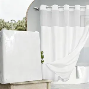 No Hook Slub Textured Fabric Shower Curtain Set with Snap-in PEVA Waterproof Liner - 71"x74", Hotel-Style, See-Through Top Window, White