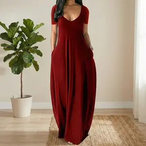 2026 New Women's Solid Burgundy Long Dress, Large Round Neck Short Sleeve Sleepwear With Pockets, Soft Casual Loungewear For All Seasons