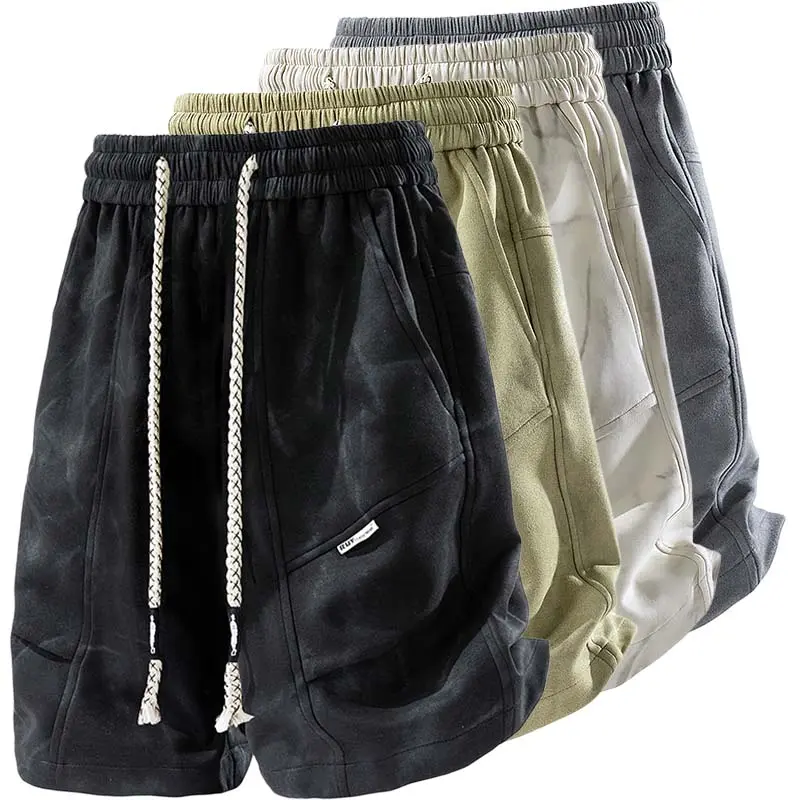 Men's Suede Texture Athletic Baggy Straight Shorts - Elastic High-Waist, Braided Drawstring, Multi-Pocket, Label Decor, Distressed Loose Wide-Leg Menswear Bottoms for Summer Daily Outfits #SummerWins