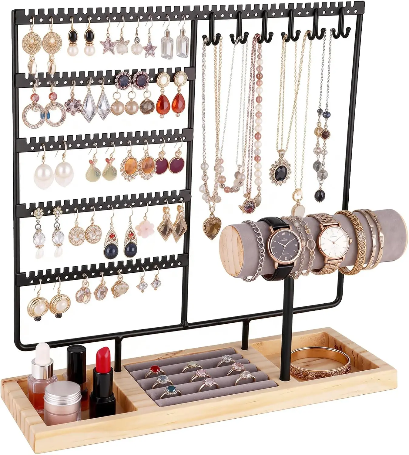 5Tier Jewelry Holder Organizer, 72Holes Earring Tree Holder Organizer 12 Hooks Necklace Rack Display Holder with Ring Storage Tray Bracelet Display Holder for Preppy Girl Friend Gift-Black,