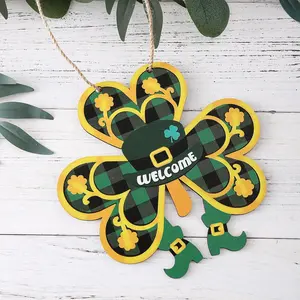 Country Style Wooden St Patrick's Day Door Hanger, Three-Leaf Clover Wreath and Dwarf Hat, and Gold Irish Hanging Decor, Hanging Decoration