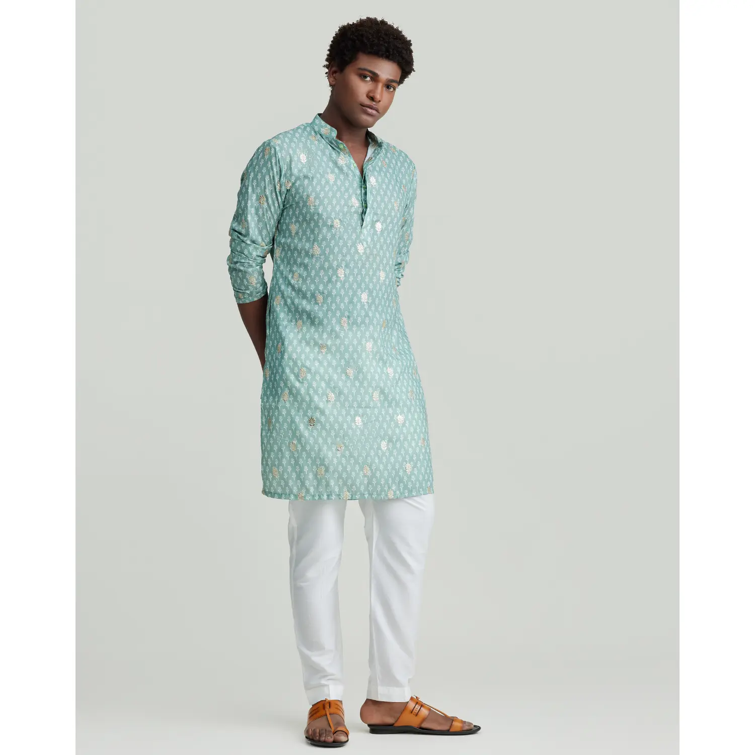 Evan Kurta Shirt - Soft Green Cotton Silk with Metallic Gold Block Print, Hand Embroidery, Long Sleeves, Mock Neckline, Ideal for Festive Occasions, Complete with Neil Pants (Sold Separately)