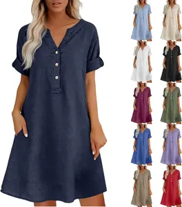 Summer Dress for Women Cotton Linen Short Sleeves Boho Flowy House Dresses Plus Size Lounge Sun Dress with Pockets