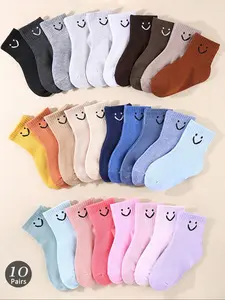 10 pairs  cute plain-color cartoon smile patterned designs for ankle-length socks. They are breathable, comfortable and have a casual and sporty style, suitable for boys and girls to wear daily. Casual Stylish Socks