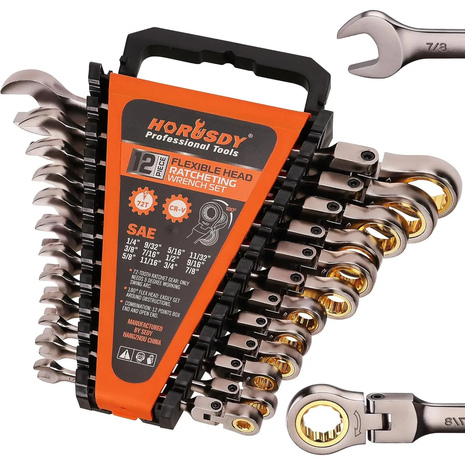 Pretty Boy Wrench Set 12-Piece SAE-Head Ratcheting Wrenches 1/4" to 7/8" 72-Tooth Vanadium High-Strength Nickel Plated with Organizer