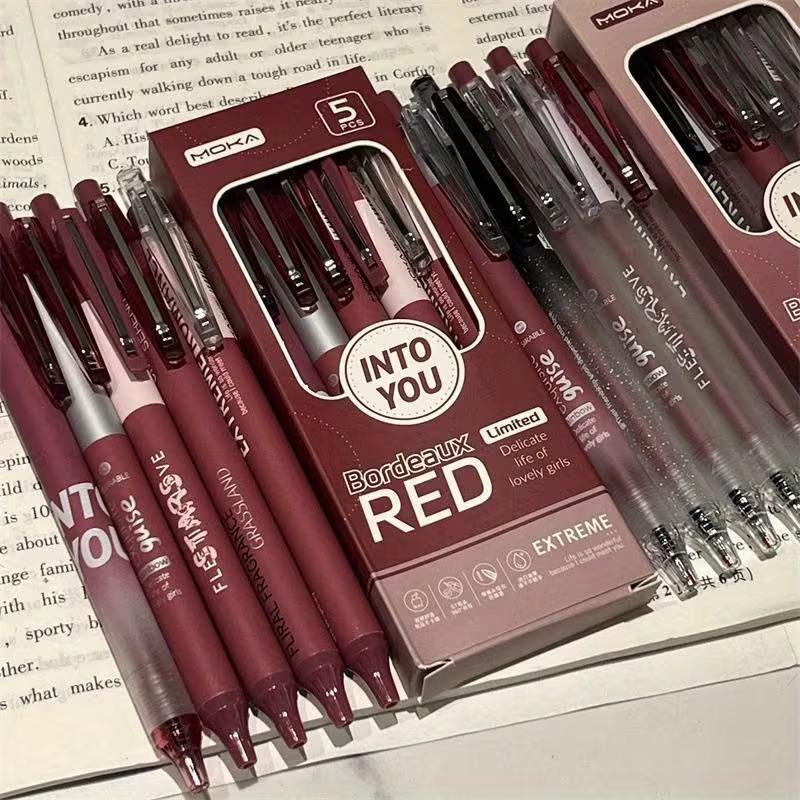 5-Pack Vintage Bordeaux Red 0.5mm Gel Pens come with smooth black ink that provides consistent, skip-free writing for clear, neat handwriting in office and daily use