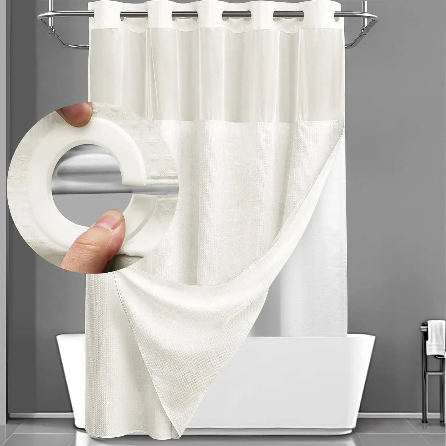 No Hook Waffle Weave Shower Curtain with Detachable Snap-in PEVA Liner, Waterproof Double Layer Bath Curtain, Machine Washable, 71x75/71x81/71x87 Inch, Hotel Style Bathroom Curtain with Built-in Curtain Rings