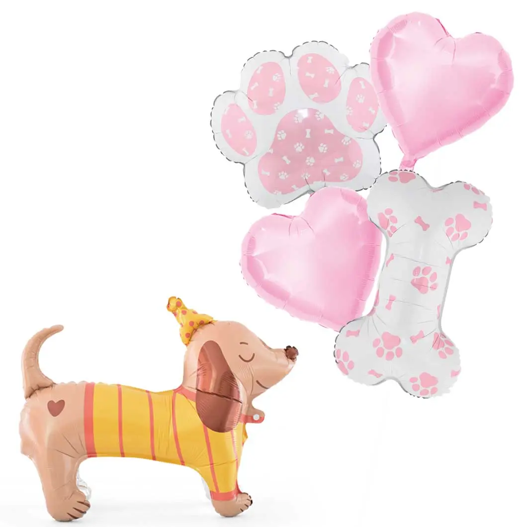 Dachshund Dog Theme Balloon Kit Dog Paw Print Balloon Bone Shaped Foil Balloon Pink Heart Shape Balloons Sets Props for Pets Birthday Dog Party Supplie Puppy Decorations 5PCS