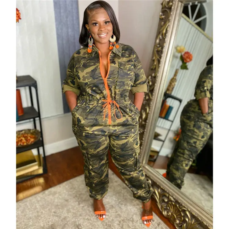 2022 Ladies One Piece Rompers Long Sleeve Zipper Camo 5XL Plus Size Autumn Women Loose Jumpsuits
