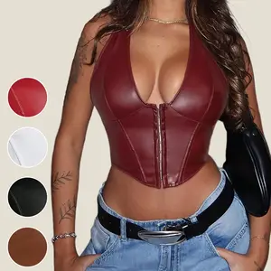 Rave Y2K V-Neck Grommet Eyelet Front Lace Up Back Backless PU Leather Halter Corset Shapewear Party Crop Tank Top Edgy Sexy Music Festival Fit Black