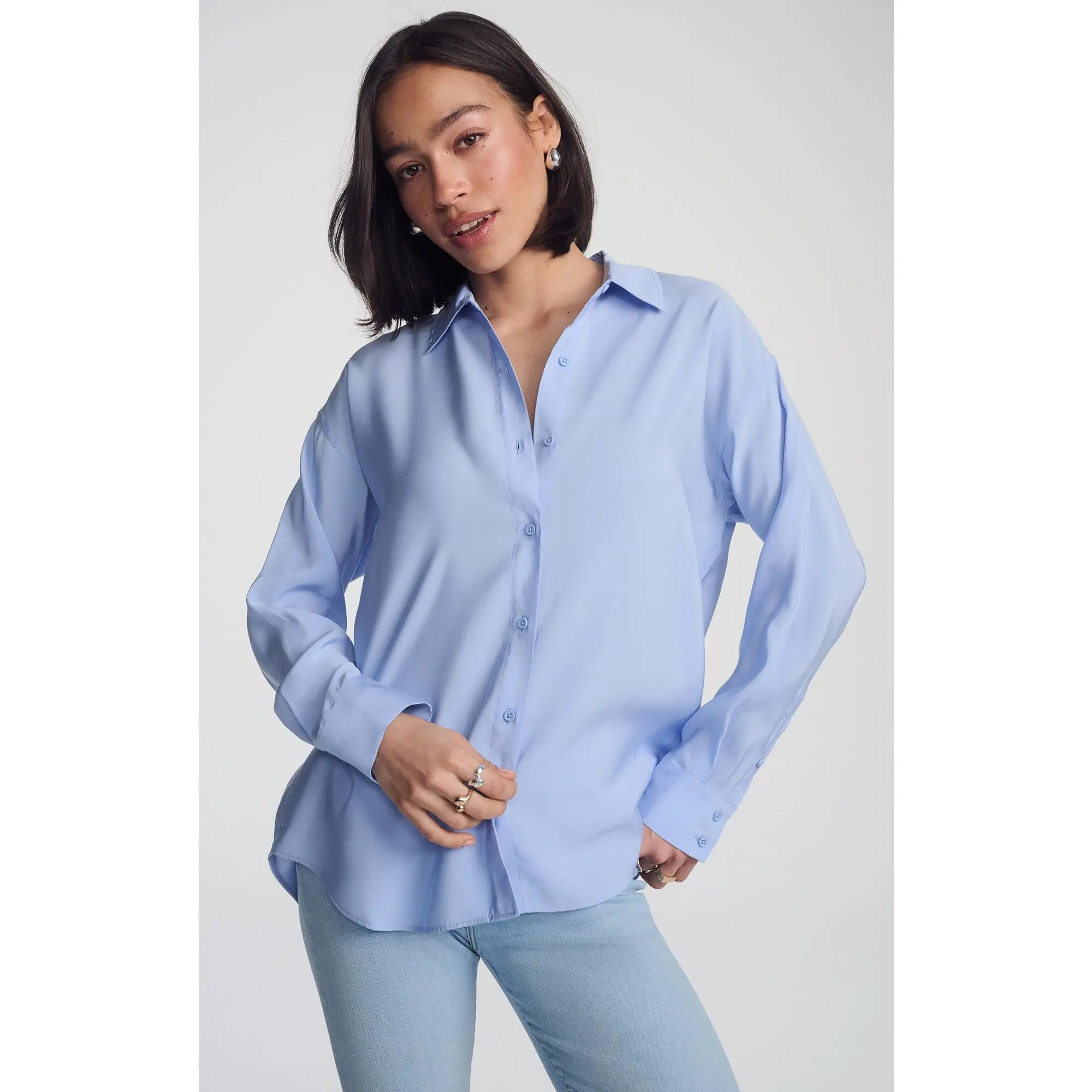 Women's Oversized Lavender Lustre Button-Up Blouse - Luxe, Breathable, Soft Fabric Women's Top, Tops, Tencel Blend, Collared Neck, Elegant