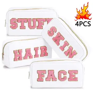White Nylon Cosmetic Bags with Pink Chenille Patches - 4 Pack Travel Organizer
