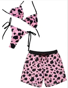 Pink Cow Pattern Couple Swim Set – Women Tie Bikini and Men Drawstring Swim Shorts, Matching His & Hers Summer Beach Vacation Swimsuits