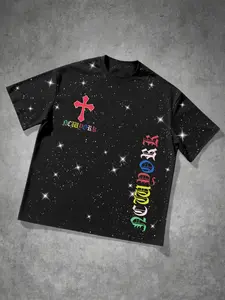 Unisex Silver Color Cross Round Neck Short T-Shirt, Fashion Streetwear Essential, Casual Style Loose-Fitting Long Sleeve Top, Must-Have Item